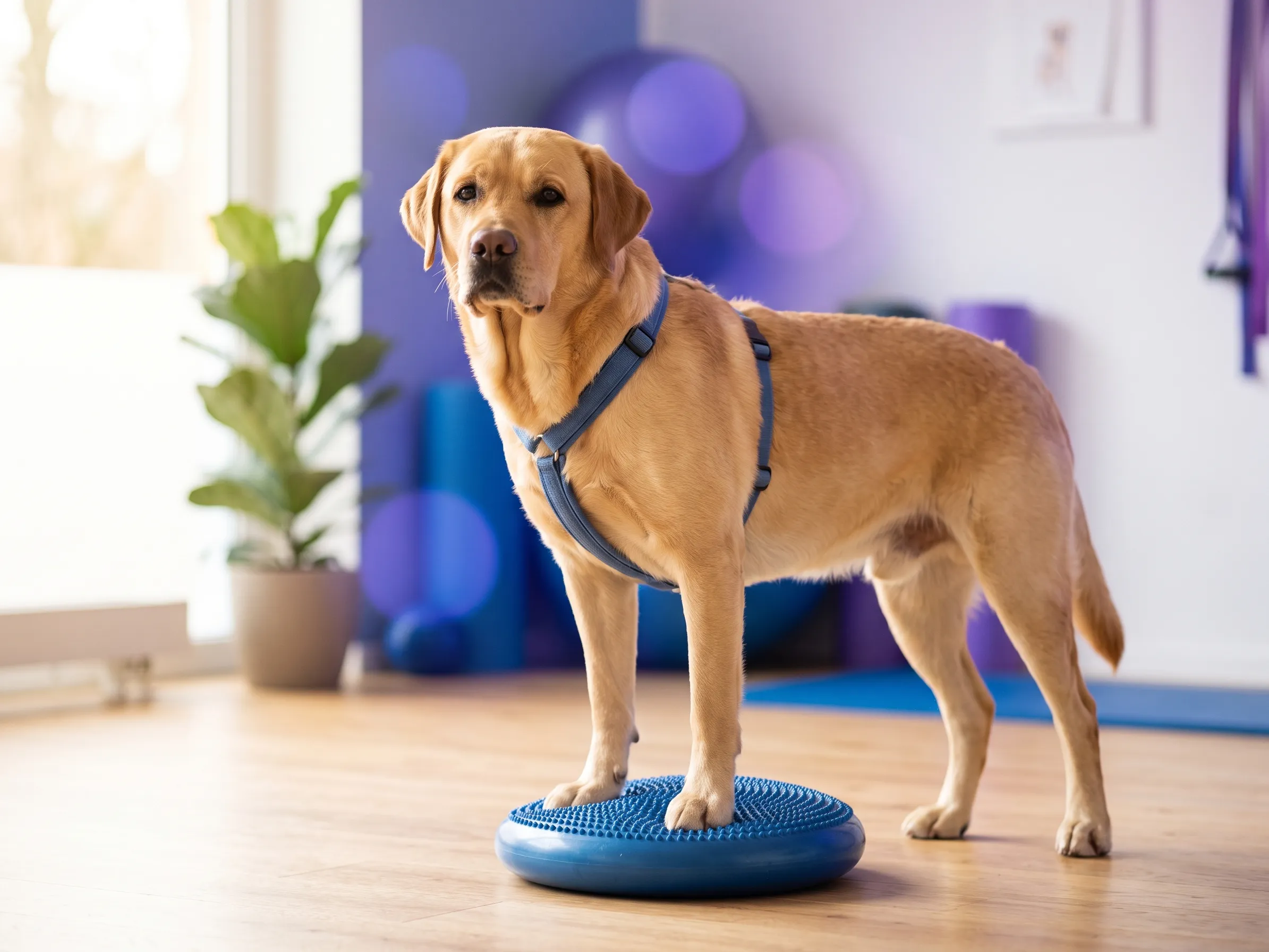 Labrador doet een balansoefening tijdens fysiotherapie