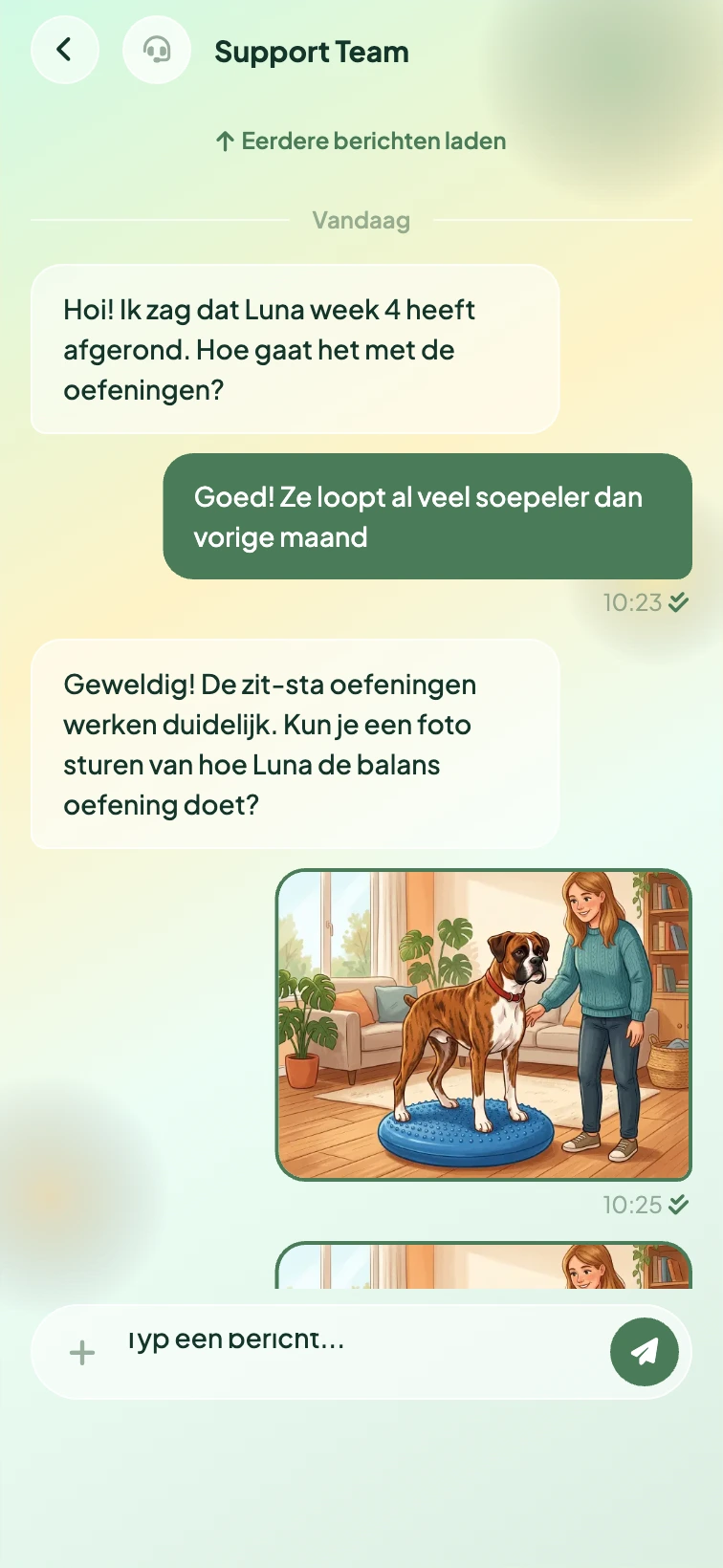 Vet Fysio support-team chat met je dierenarts-fysiotherapeut