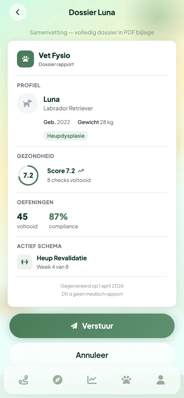 Vet Fysio PDF-export om te delen met je dierenarts