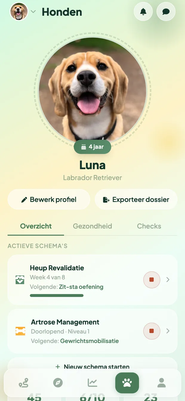 Vet Fysio scherm met het profiel van je hond