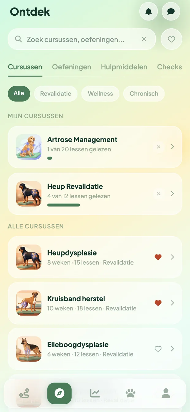 Vet Fysio ontdek-scherm met zoeken en filters