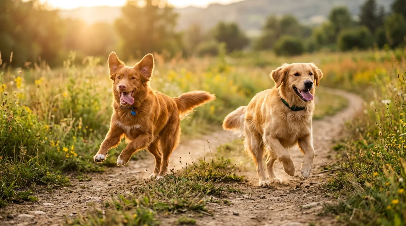 Twee blije, gezonde honden rennen buiten in de avondzon